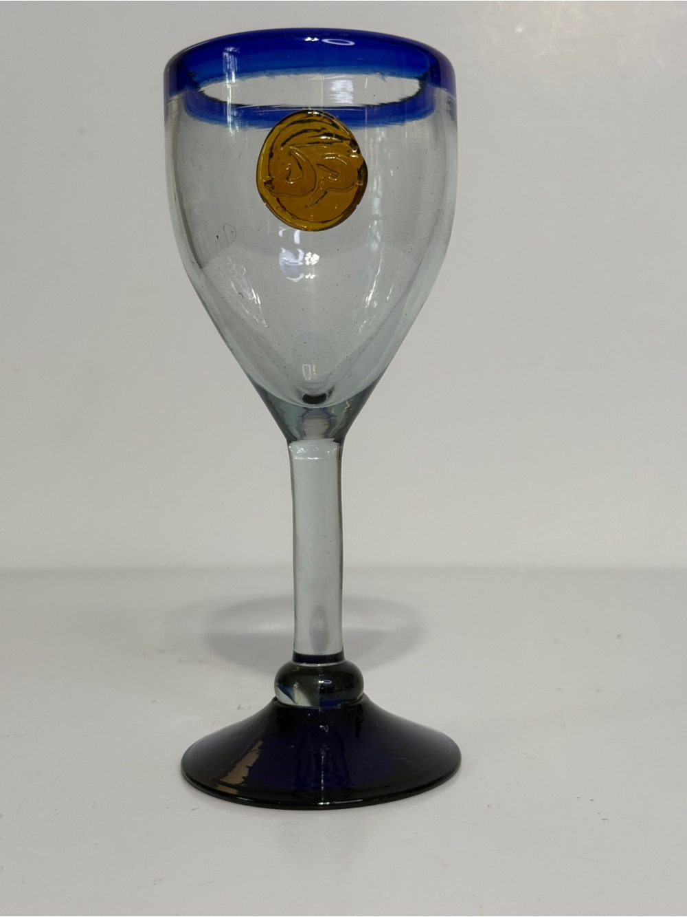 Mexican Handblown Clear Wine Glass with Cobalt Blue Rim and Base